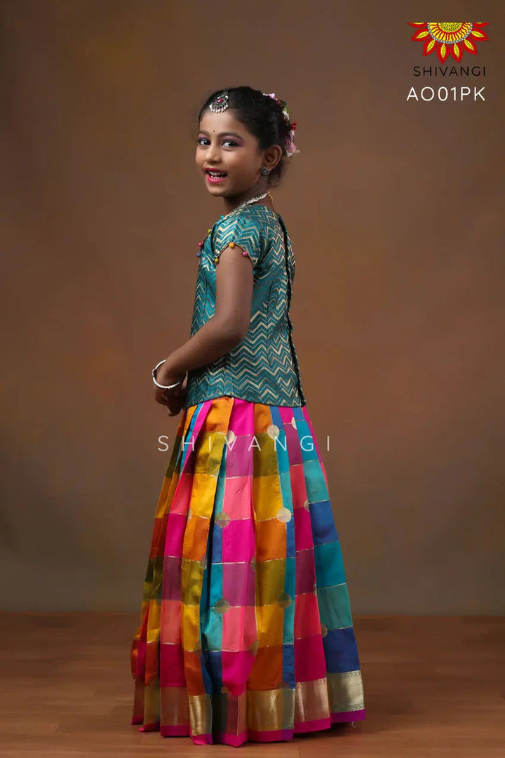 Girls Pink Checks Multi Colour Pattu Pavadai
