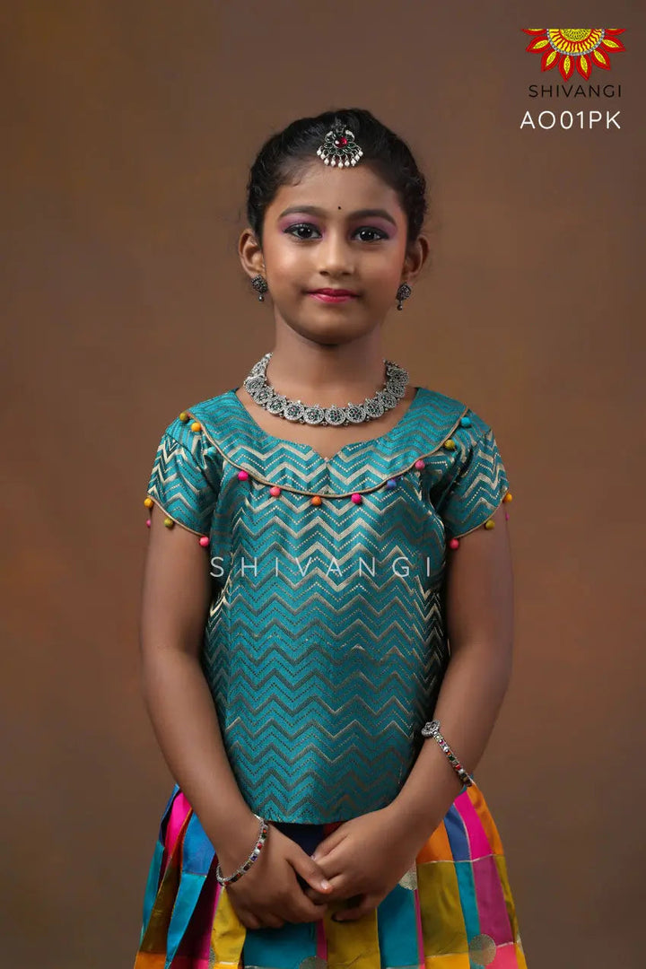 Girls Pink Checks Multi Colour Pattu Pavadai