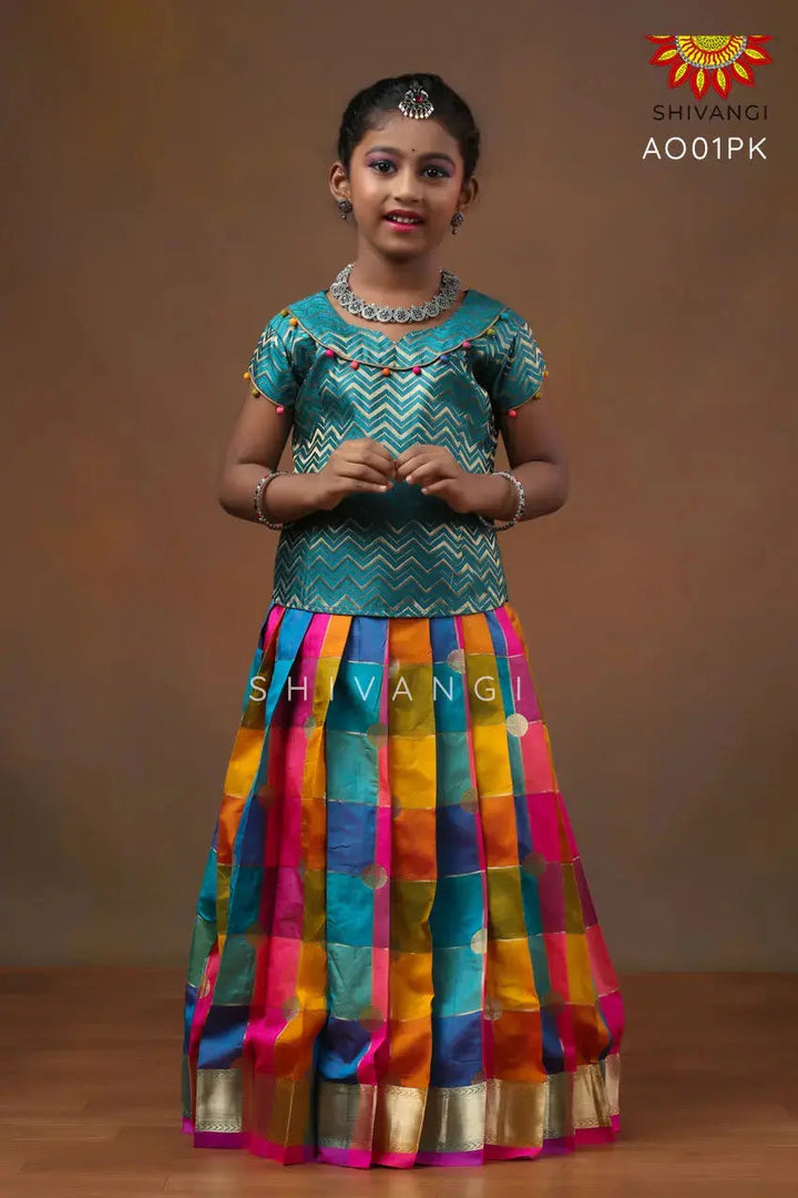 Girls Pink Checks Multi Colour Pattu Pavadai