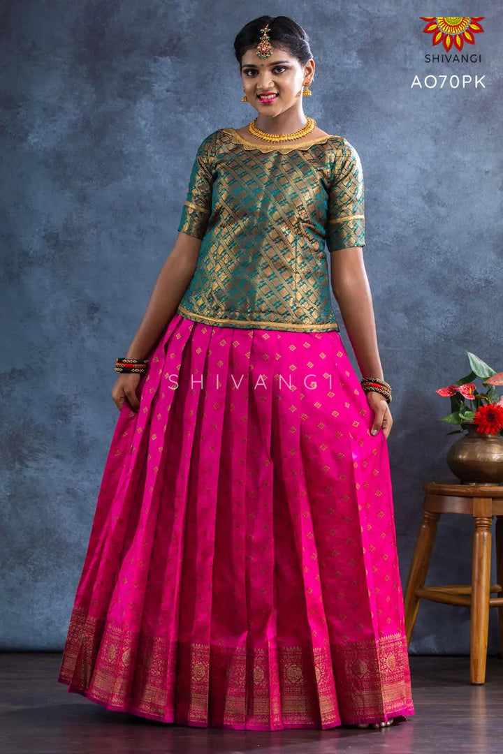 Girls Pink Banarasi Butta Pattu Pavadai | Lehenga