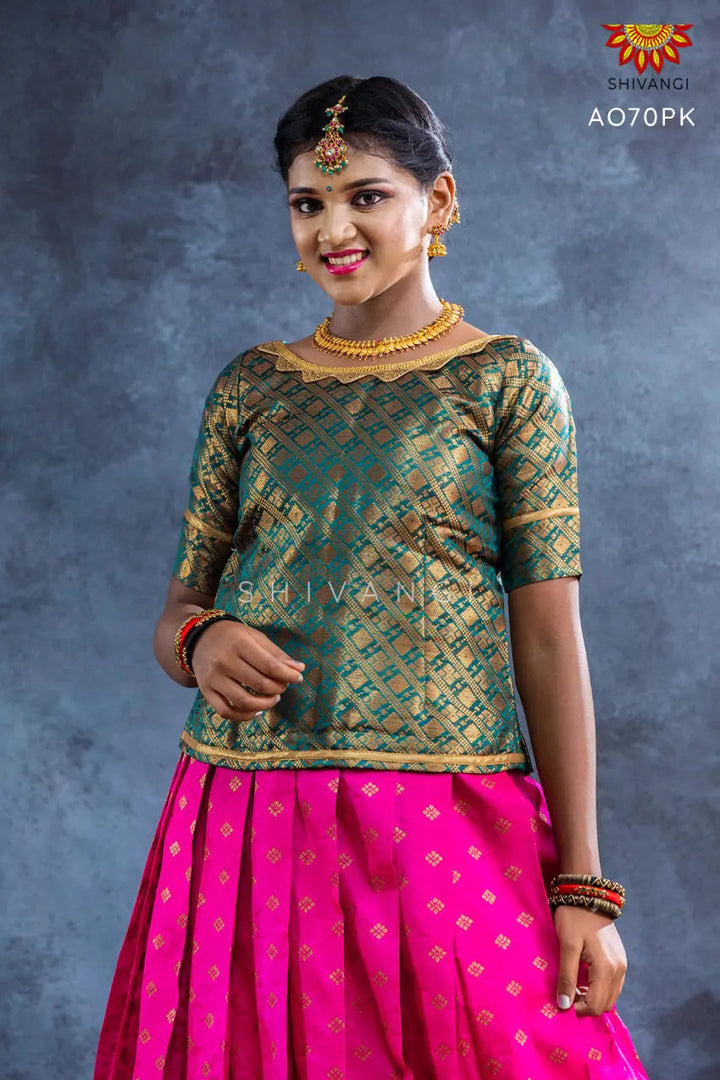 Girls Pink Banarasi Butta Pattu Pavadai | Lehenga