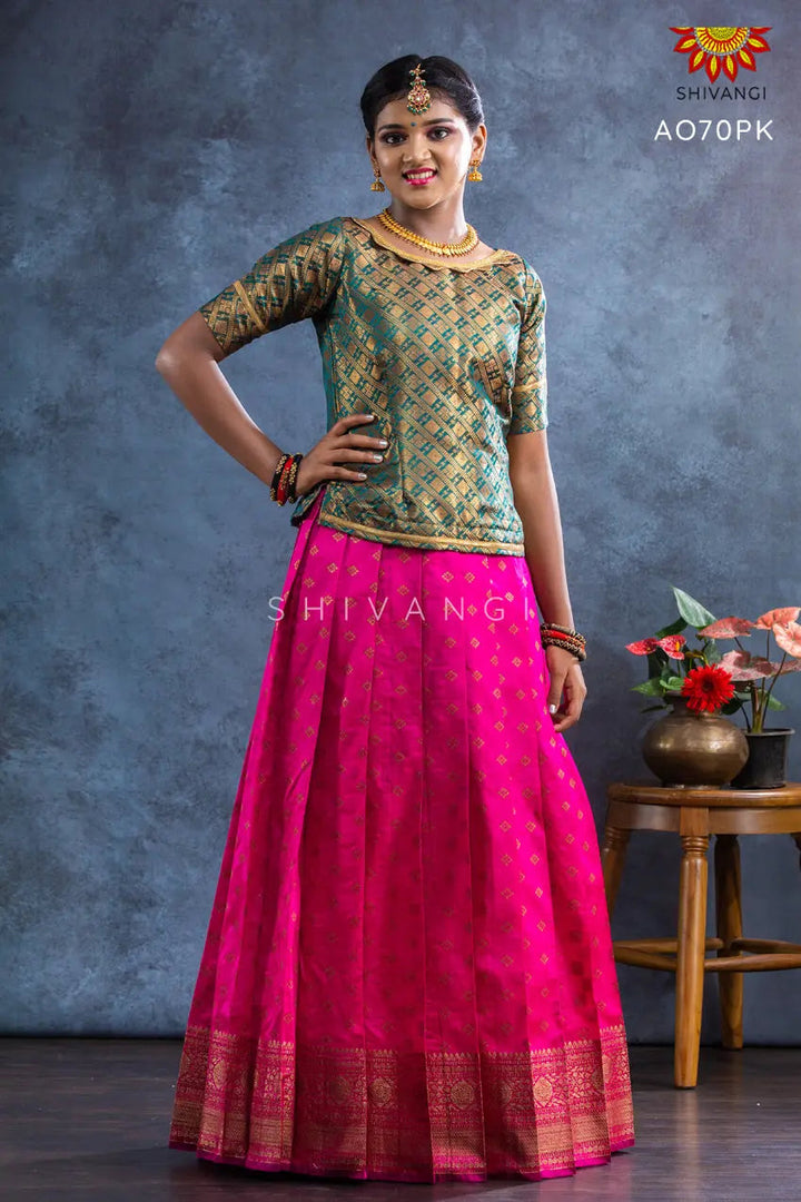 Girls Pink Banarasi Butta Pattu Pavadai | Lehenga