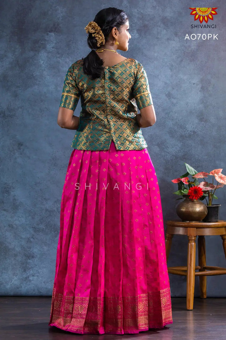 Girls Pink Banarasi Butta Pattu Pavadai | Lehenga