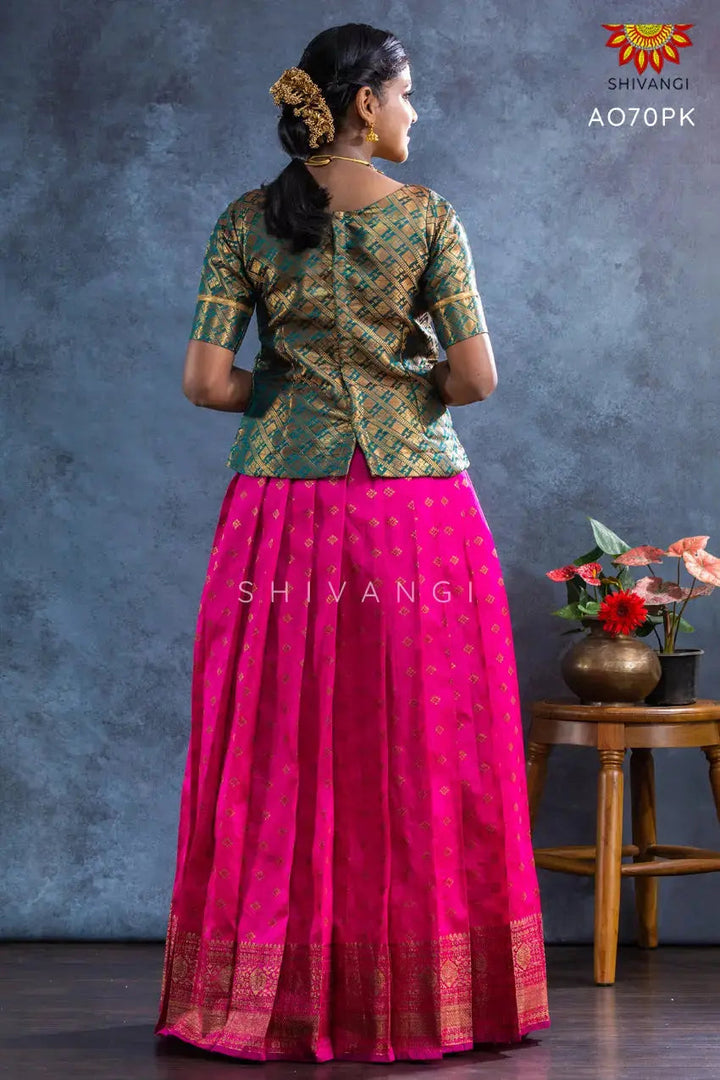 Girls Pink Banarasi Butta Pattu Pavadai | Lehenga