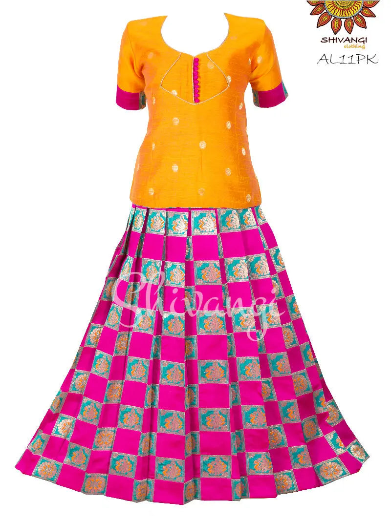 Girls Pink Checks Peacock Pavadai Set