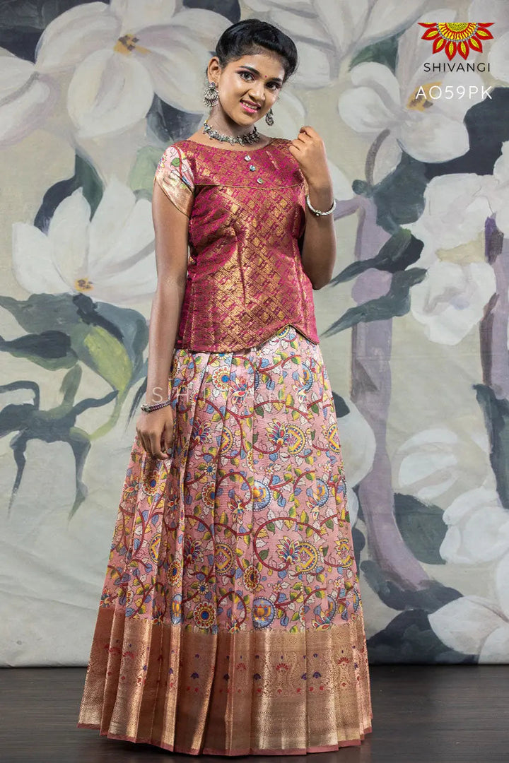 Girls Pink Floral Creeper Pattu pavadai