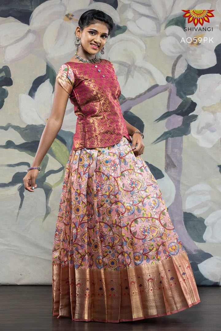 Girls Pink Floral Creeper Pattu pavadai