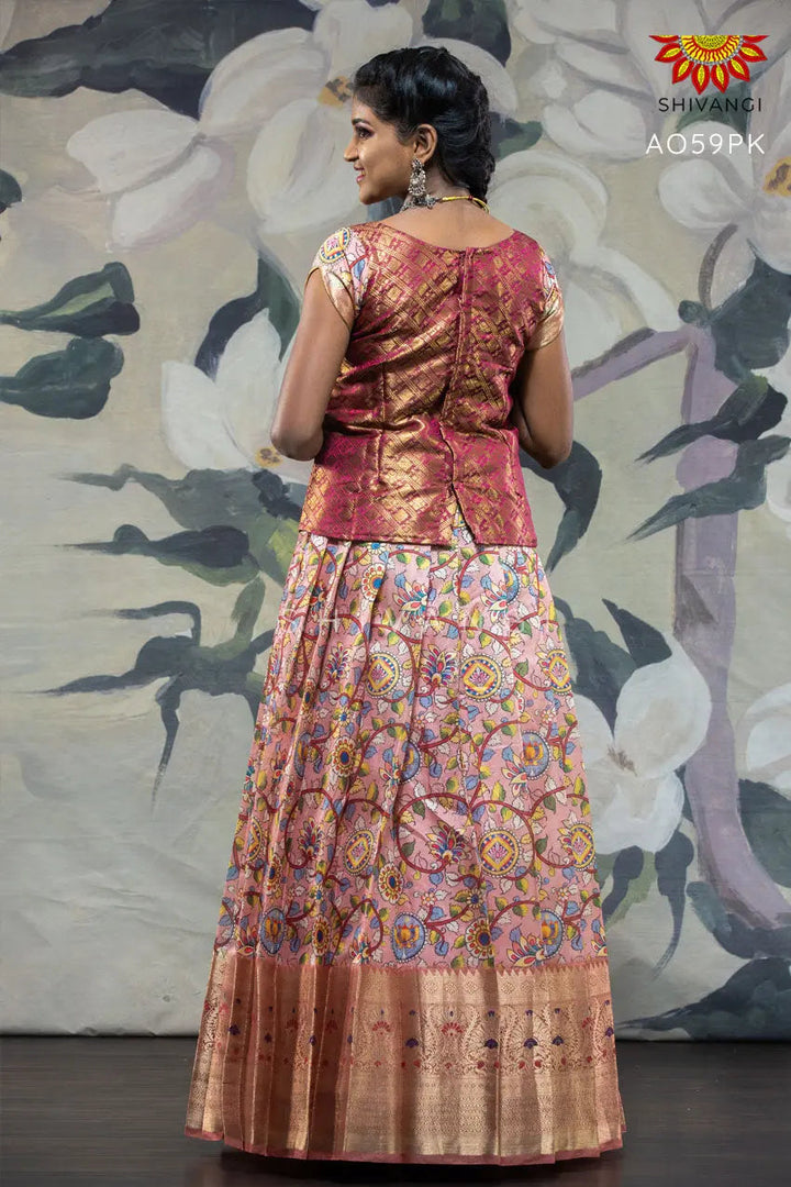 Girls Pink Floral Creeper Pattu pavadai