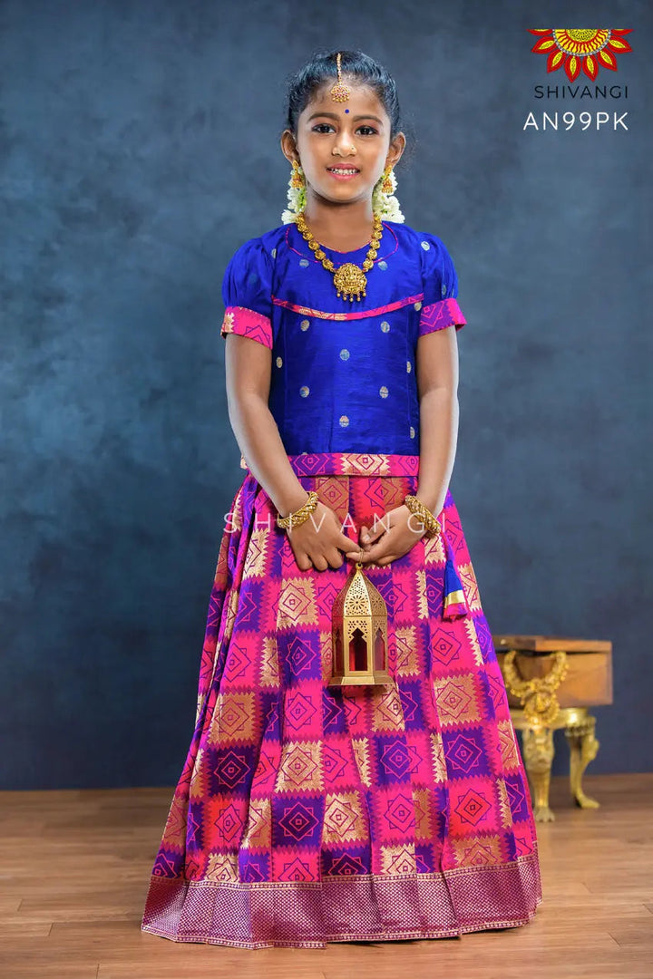 Girls Pink Golden Yendhra Pattu Pavadai