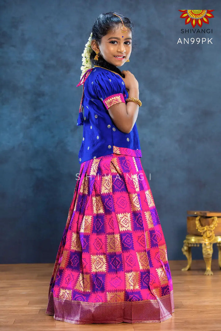 Girls Pink Golden Yendhra Pattu Pavadai