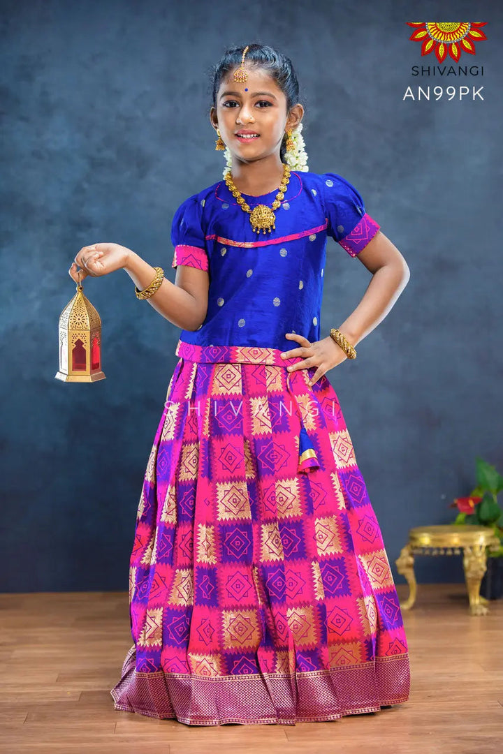 Girls Pink Golden Yendhra Pattu Pavadai