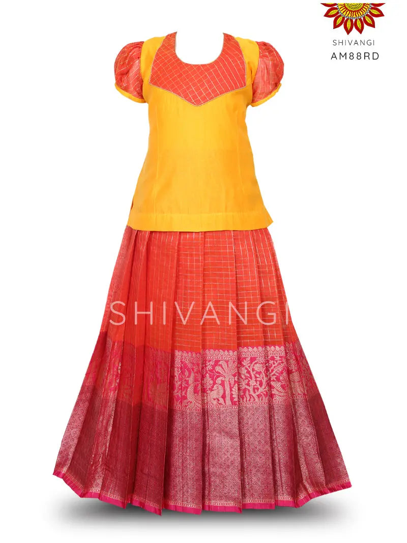 Girls Red Blooming Tree Pattu Pavadai