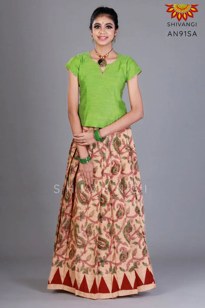 Girls Sandle Printed Mango Creeper Cotton Pavadai
