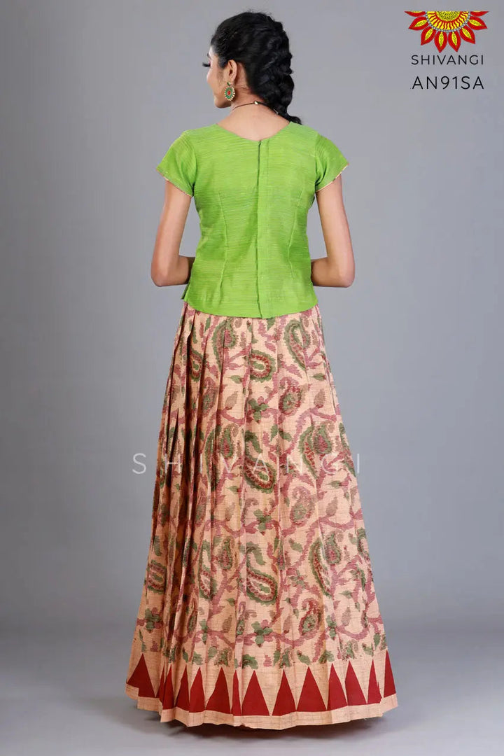 Girls Sandle Printed Mango Creeper Cotton Pavadai