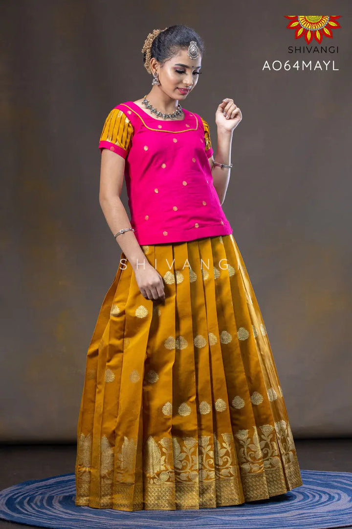 Girls Yellow Divine Lotus Pattu Pavadai