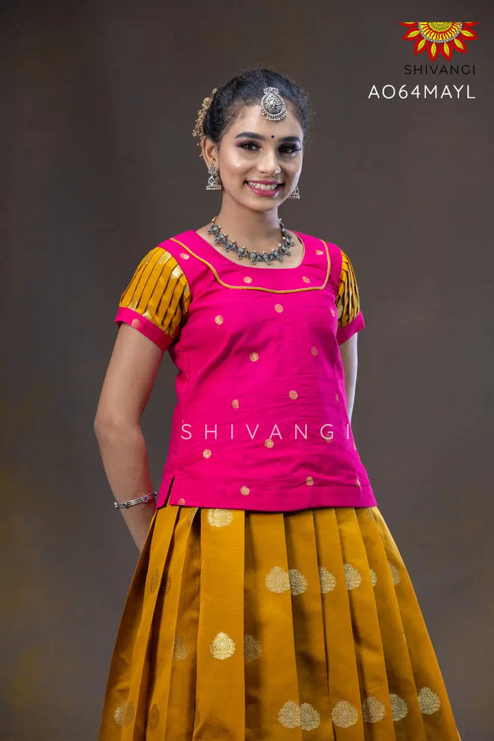 Girls Yellow Divine Lotus Pattu Pavadai