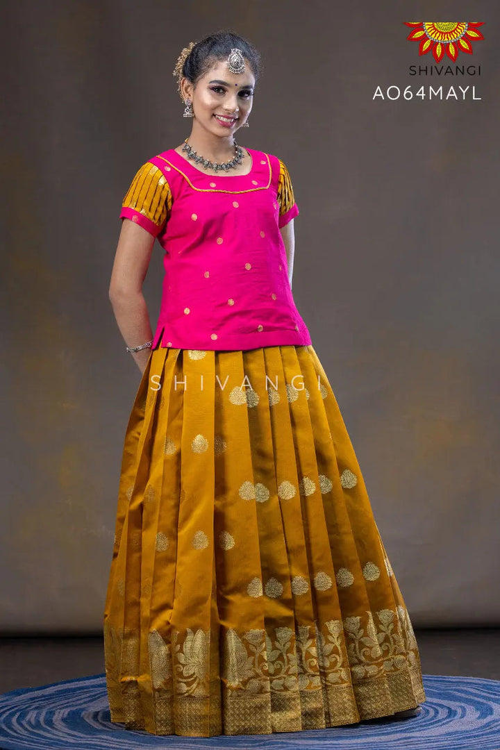 Girls Yellow Divine Lotus Pattu Pavadai