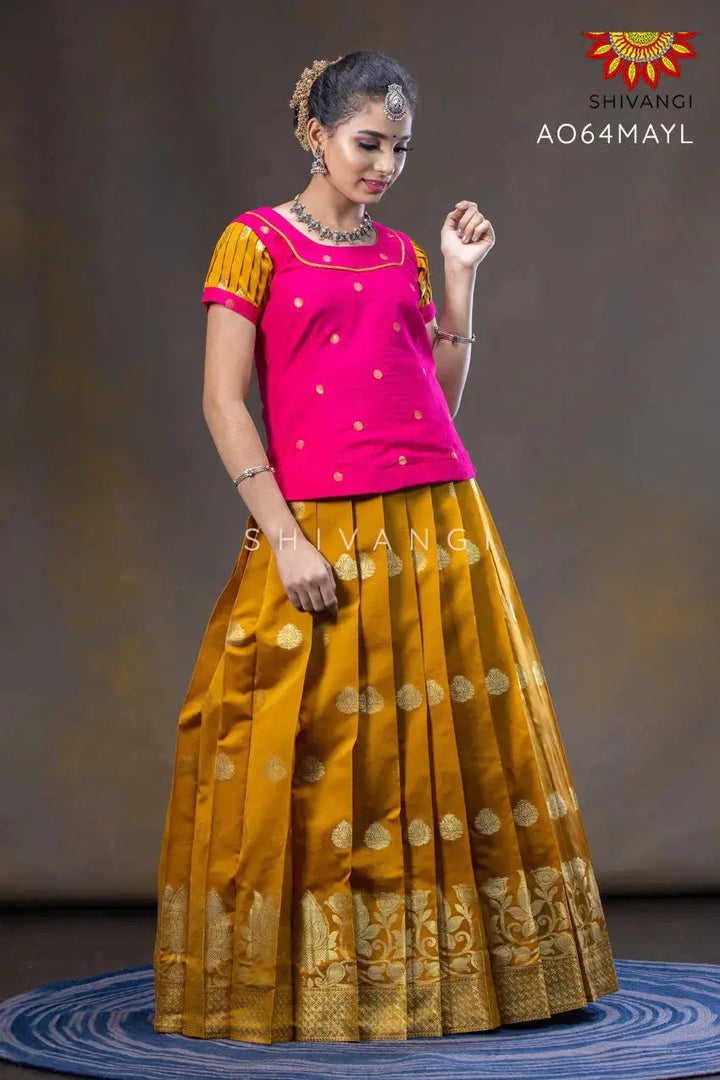 Girls Yellow Divine Lotus Pattu Pavadai