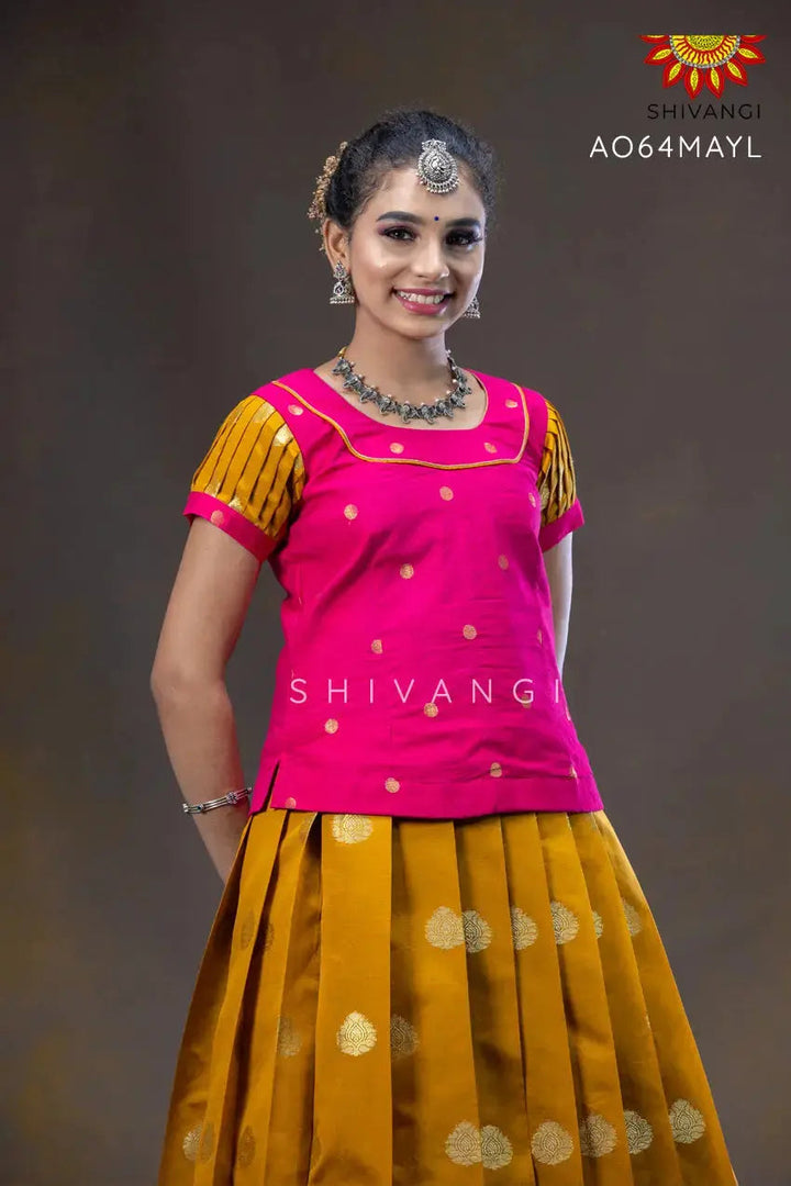 Girls Yellow Divine Lotus Pattu Pavadai