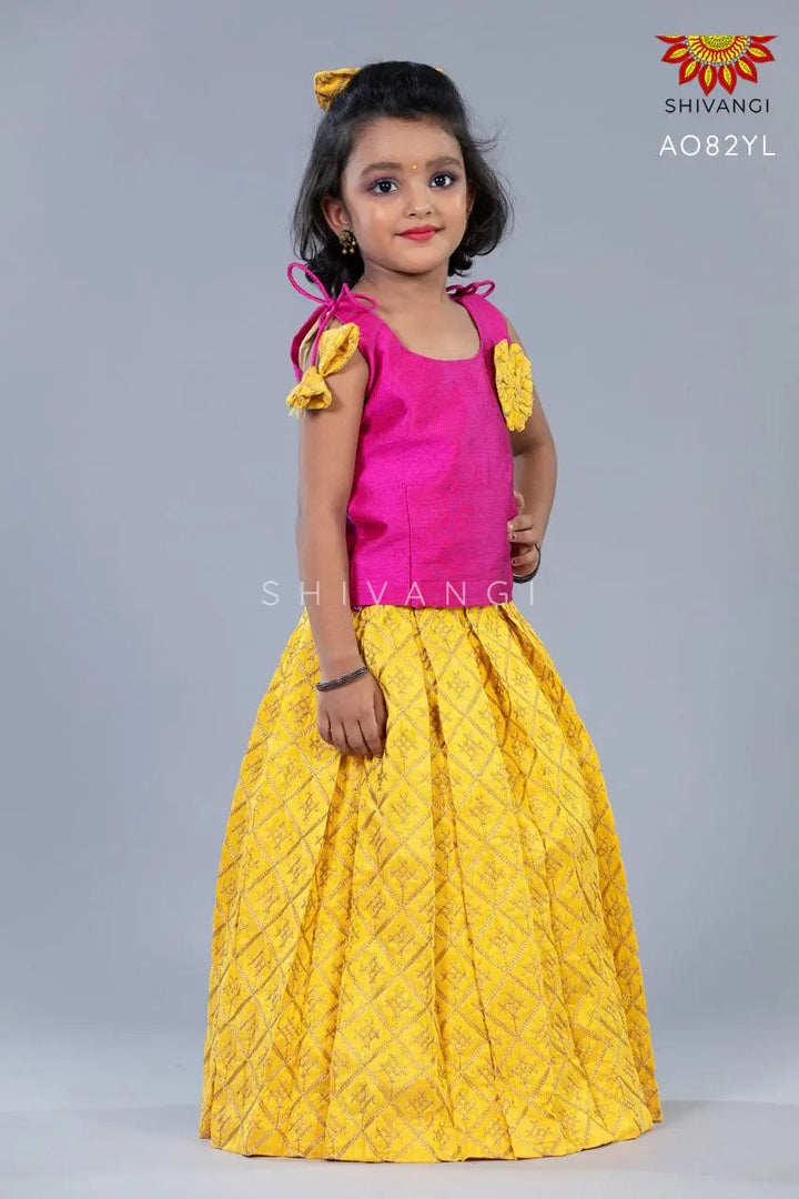 Girls Yellow Hanging Star Lehenga Pattu Pavadai