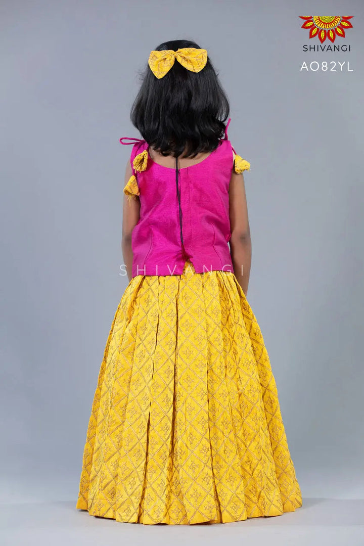 Girls Yellow Hanging Star Lehenga Pattu Pavadai