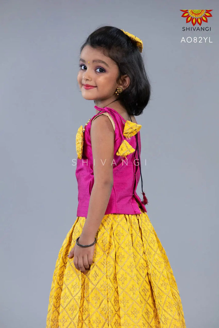 Girls Yellow Hanging Star Lehenga Pattu Pavadai