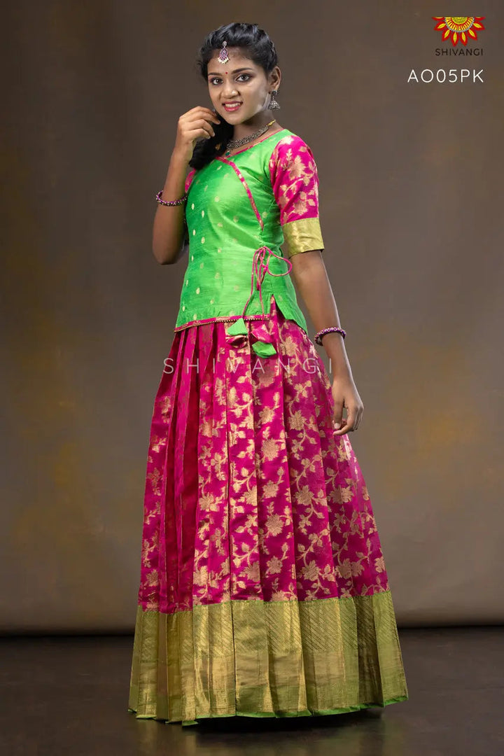 Grape Vine Pavadai Set | Lehenga - Pink and Green