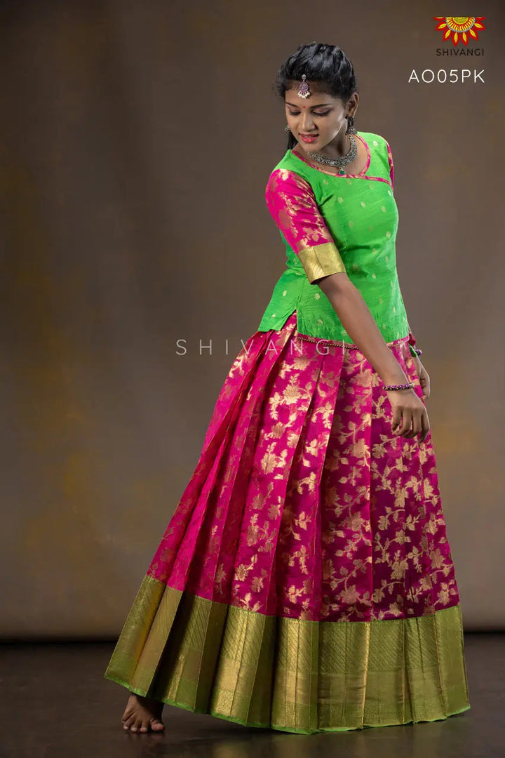Grape Vine Pavadai Set | Lehenga - Pink and Green