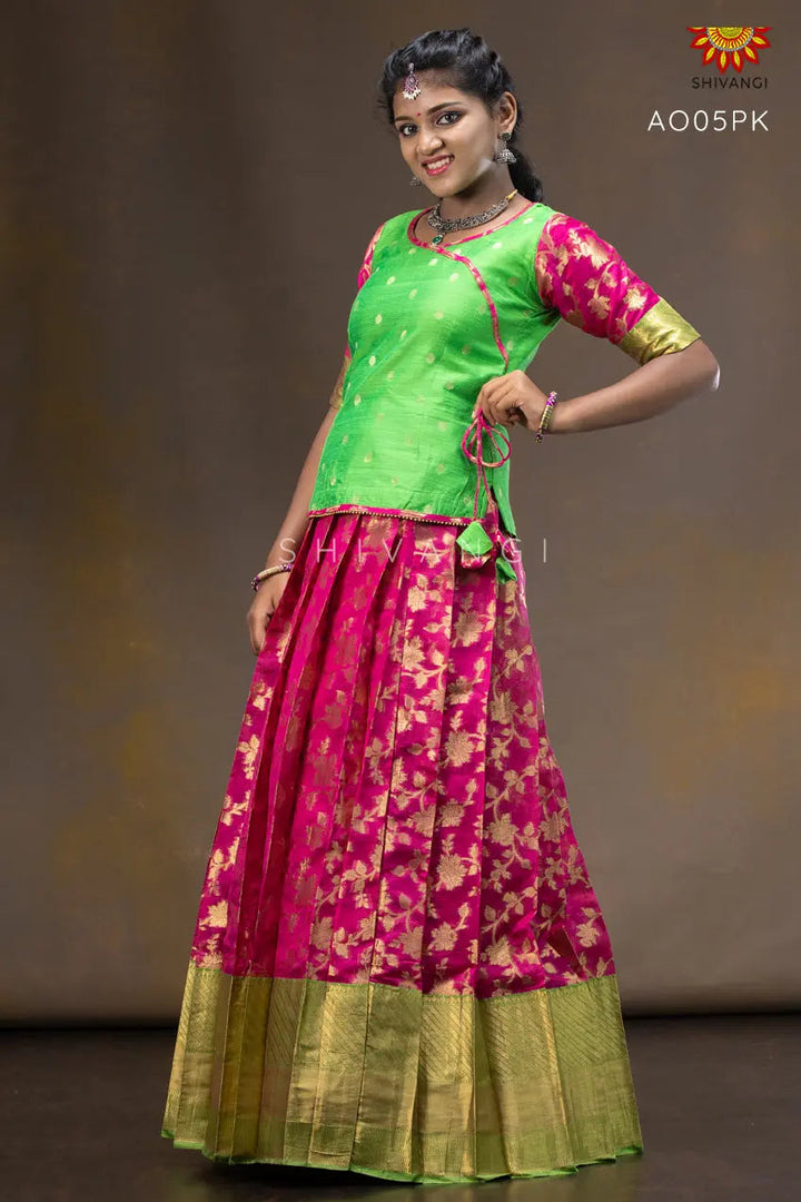 Grape Vine Pavadai Set | Lehenga - Pink and Green