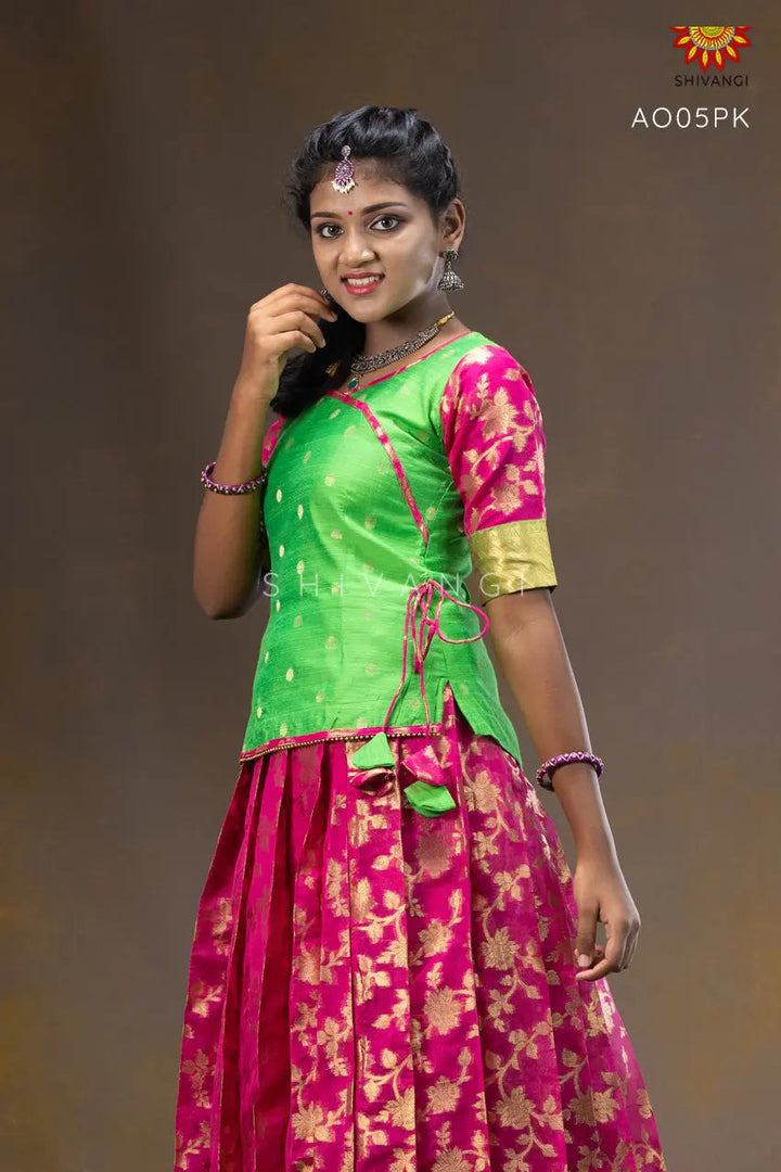 Grape Vine Pavadai Set | Lehenga - Pink and Green