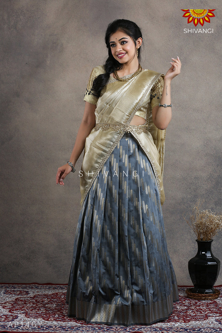 Teenage Girls Grey Millet Half Saree | Langa Davani