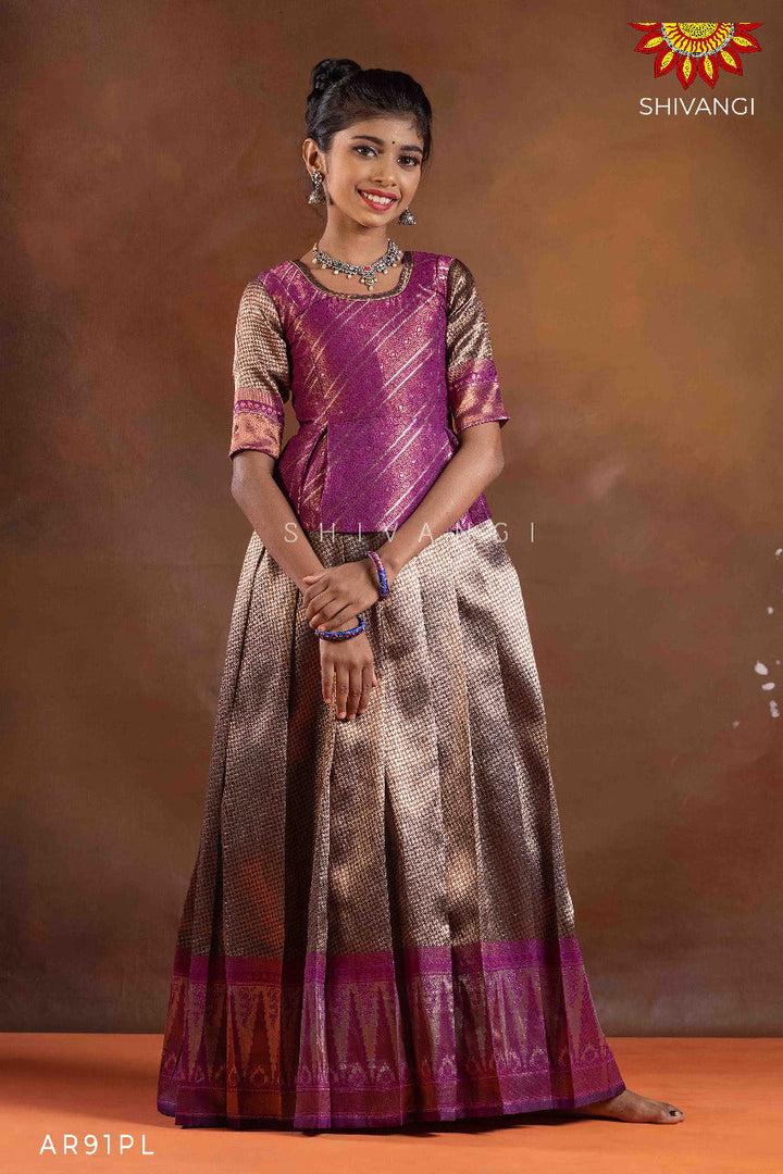 Girls Purple Silver Fire Pattu Pavadai | Langa