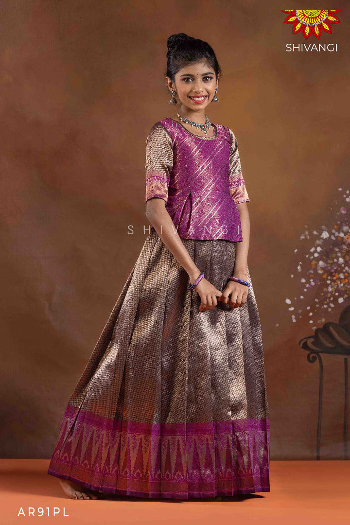 Girls Purple Silver Fire Pattu Pavadai | Langa