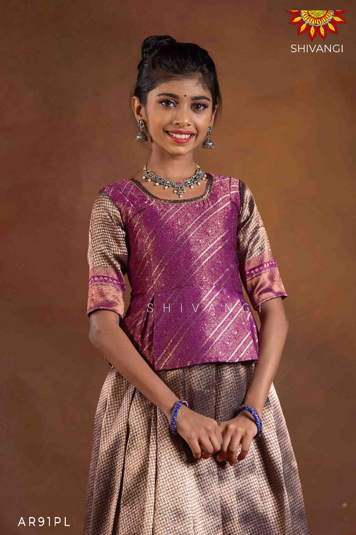 Girls Purple Silver Fire Pattu Pavadai | Langa