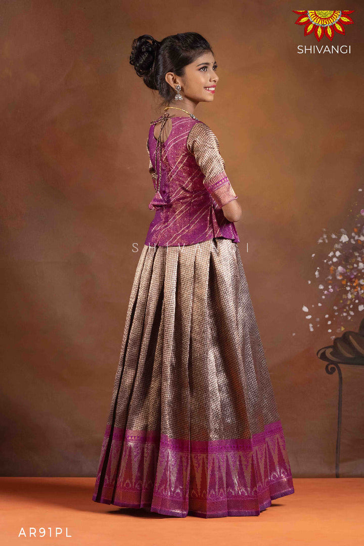 Girls Purple Silver Fire Pattu Pavadai | Langa