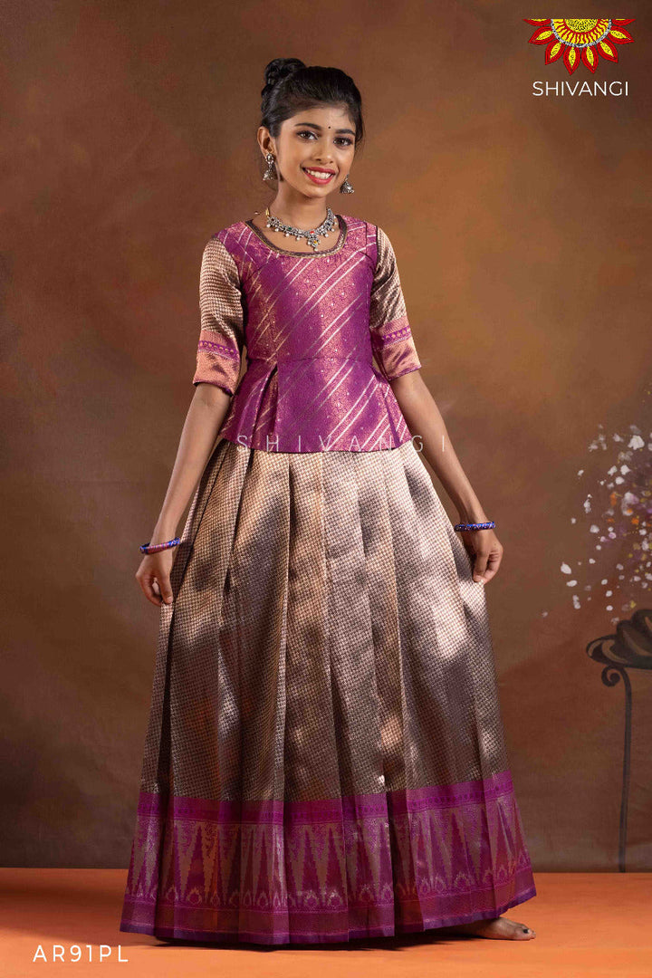 Girls Purple Silver Fire Pattu Pavadai | Langa