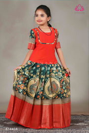 Girls Green Kalamkari Peacock Pattu Pavadai