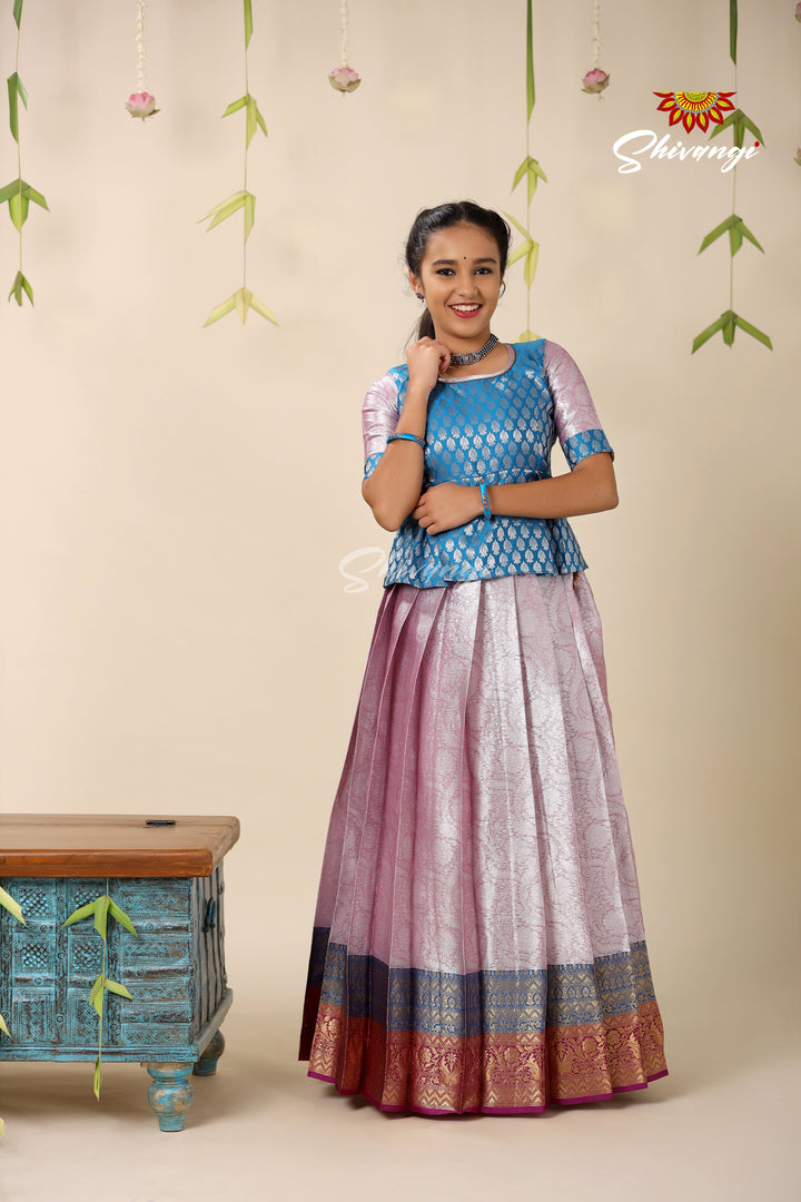 Silver Algae Magenta Pattu Pavadai For Girls - Festive Wear!!!