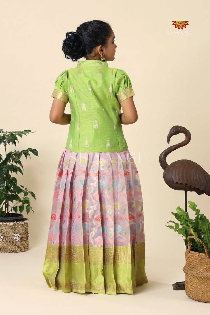 Lavender Kota Floral Pattu Pavadai For Girls - Festive Wear!!!