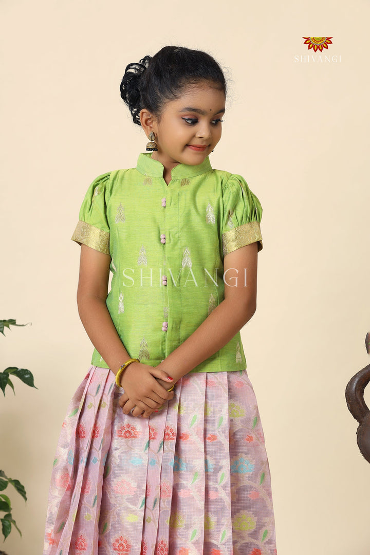 Lavender Kota Floral Pattu Pavadai For Girls - Festive Wear!!!