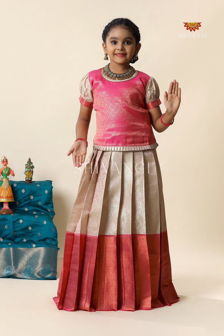 Pink Bubble Grass Pattu Pavadai For Girls - Festive Wear!!!