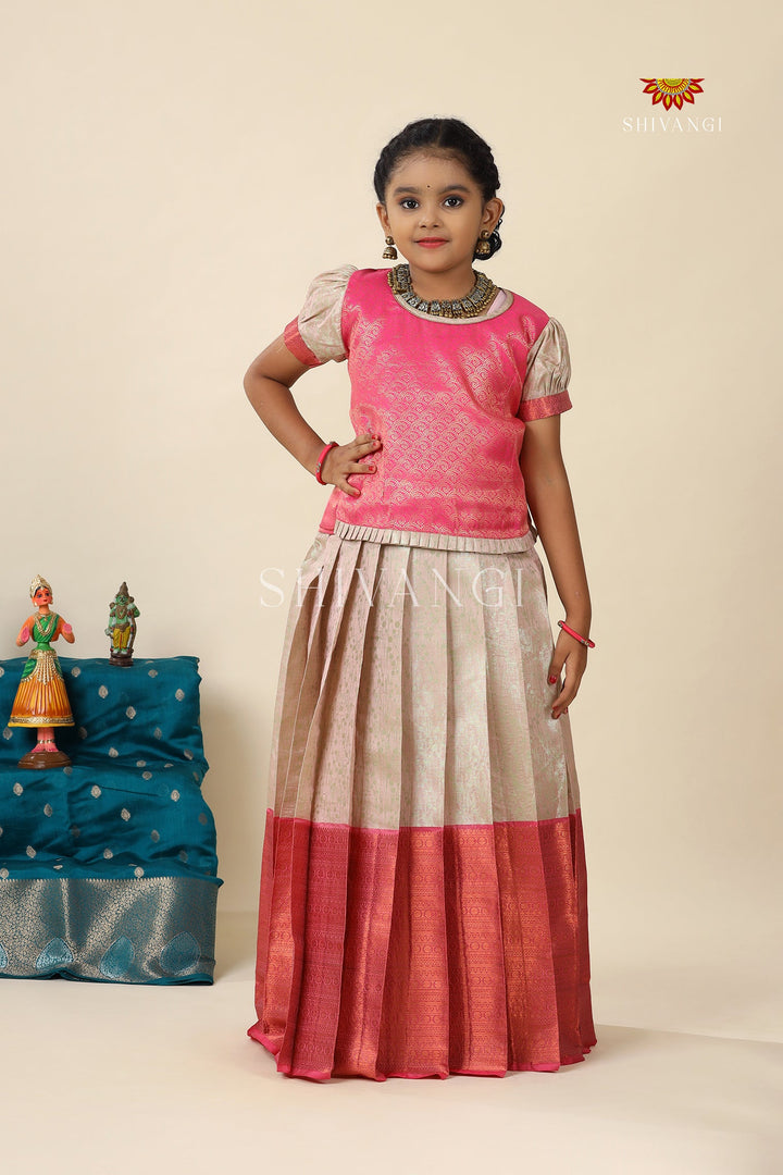 Pink Bubble Grass Pattu Pavadai For Girls - Festive Wear!!!