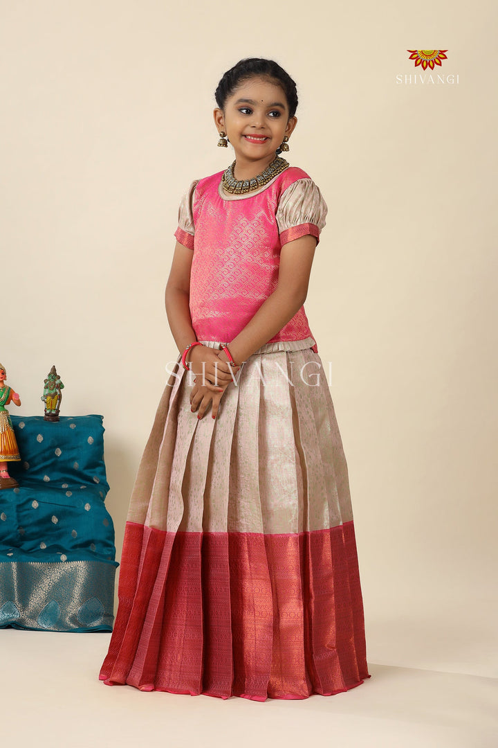 Pink Bubble Grass Pattu Pavadai For Girls - Festive Wear!!!