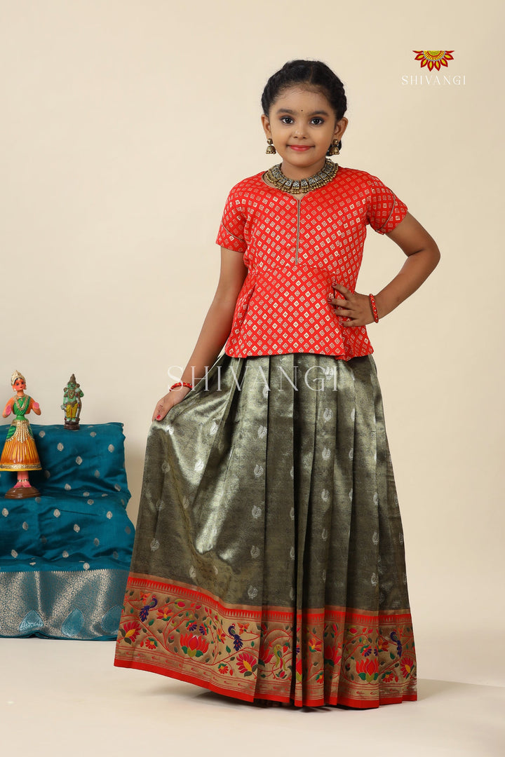 Grey Paithani Parakeet Pattu Pavadai For Girls - Festive Wear!!!