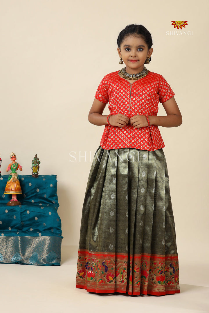 Grey Paithani Parakeet Pattu Pavadai For Girls - Festive Wear!!!