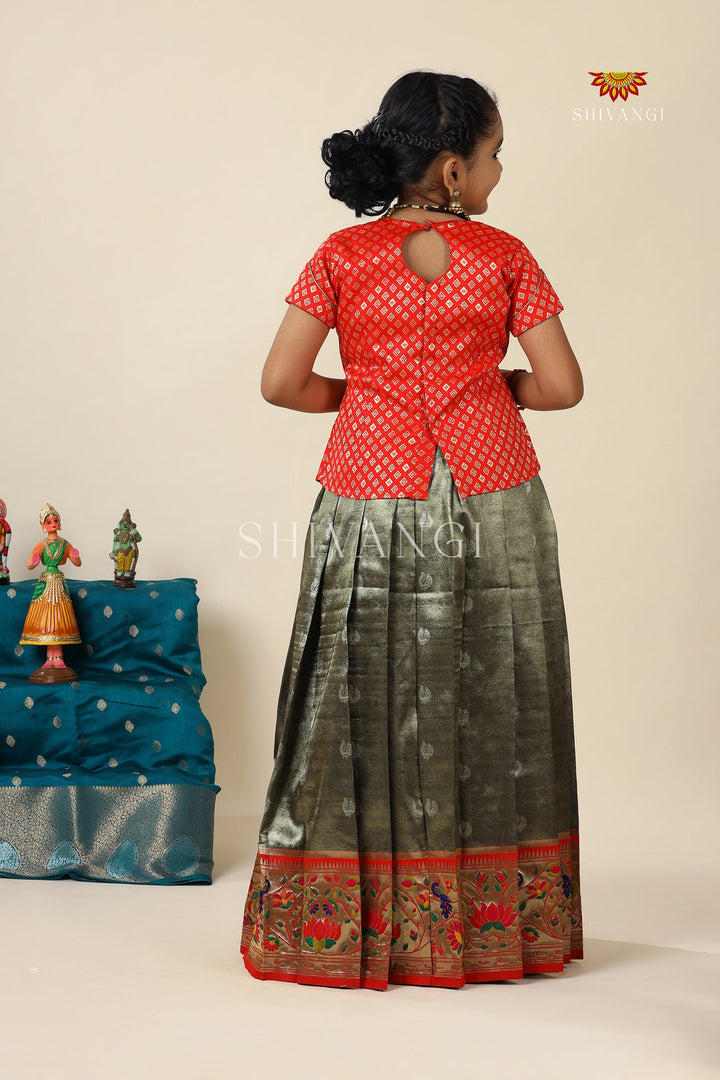 Grey Paithani Parakeet Pattu Pavadai For Girls - Festive Wear!!!