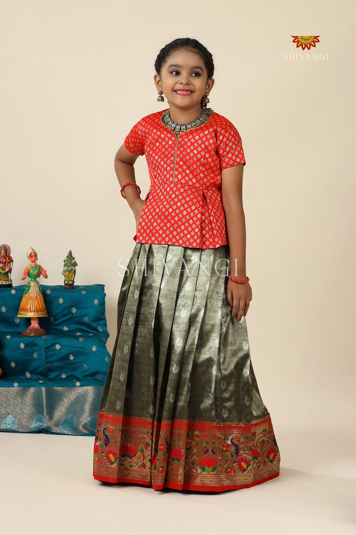 Grey Paithani Parakeet Pattu Pavadai For Girls - Festive Wear!!!