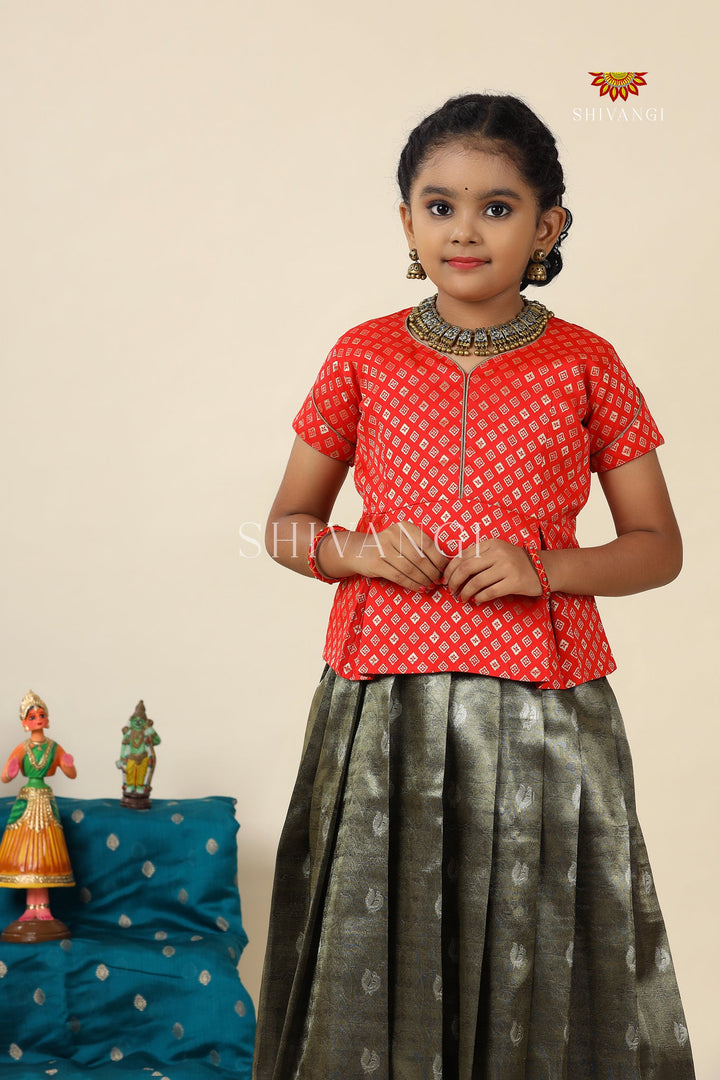 Grey Paithani Parakeet Pattu Pavadai For Girls - Festive Wear!!!