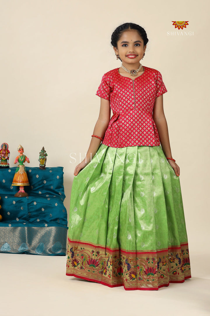 Green Paithani Parakeet Pattu Pavadai For Girls - Festive Wear!!!