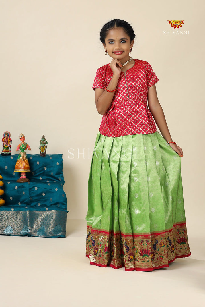 Green Paithani Parakeet Pattu Pavadai For Girls - Festive Wear!!!
